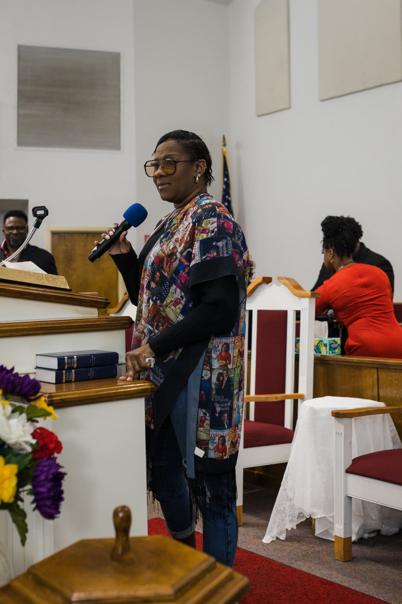 Le'Andria Johnson addressing a congregation about voter participation