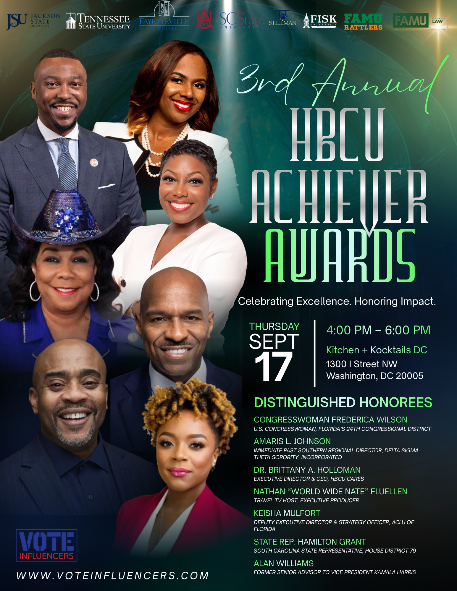 HBCU Achiever Awards event graphic presented by Vote Influencers, LLC